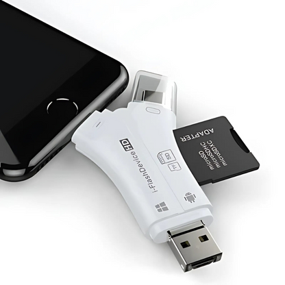 4-in-1 Speicherkartenleser – USB, Typ-C, Blitzschlag & Mikro-USB für PC & Smartphone