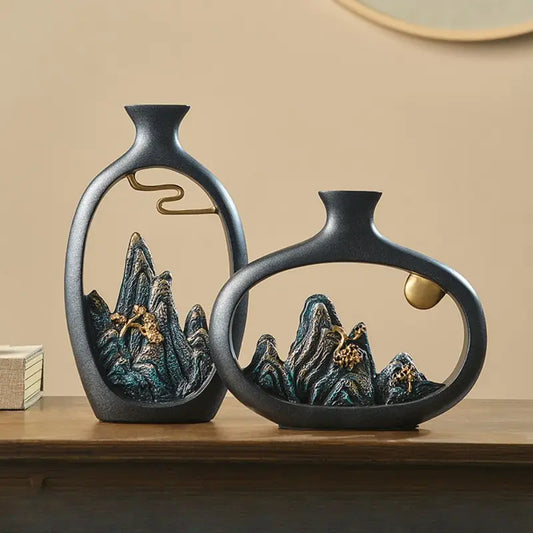 Art Deco Vase aus Harz mit chinesischem Landschaftsdekor - Zylinder Blumenvase