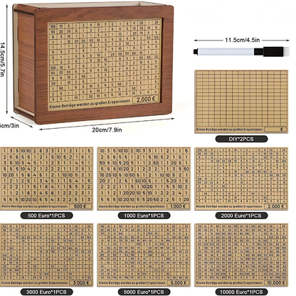 DIY Holz-Spardose – 8 Sparziele, Münzzähler bis 10.000€, inkl. Markierung & Etiketten