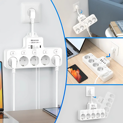 9-in-1 Steckdosenadapter mit USB & USB-C - Überspannungsschutz & Schnellladegerät