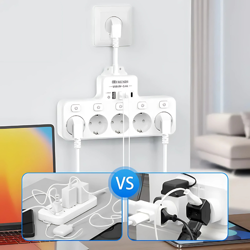 9-in-1 Steckdosenadapter mit USB & USB-C - Überspannungsschutz & Schnellladegerät