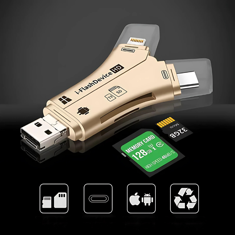 4-in-1 Speicherkartenleser – USB, Typ-C, Blitzschlag & Mikro-USB für PC & Smartphone