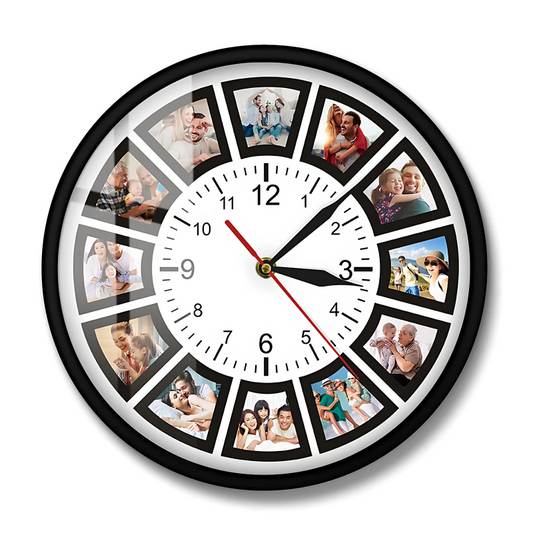 Foto Collage Wanduhr – Personalisierte Wanduhr mit 12 Fotos und Metallrahmen