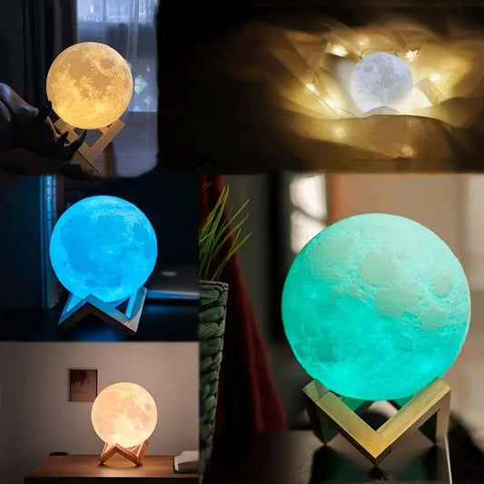 3D Mondlicht Lampe – Farbwechselnde LED mit Holzständer, Wiederaufladbar