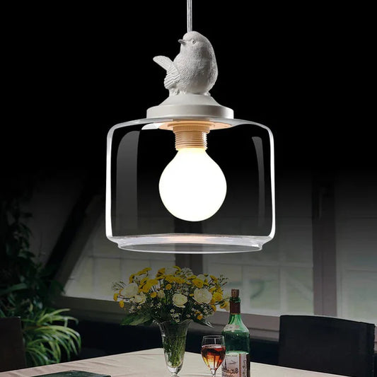 Vogel-Hängelampe - Glas-Stein-Hängeleuchte mit LED-Lampe